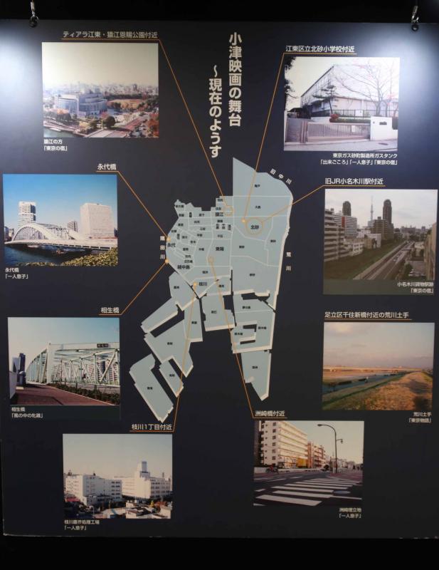 小津映画に出てきた江東区の地の現在の様子をまとめたパネル。舞台となった場所の現在の様子がカラー写真で撮影されている。