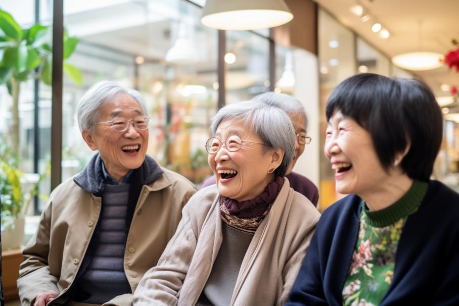 お年寄りたちが笑顔で笑いあっている写真