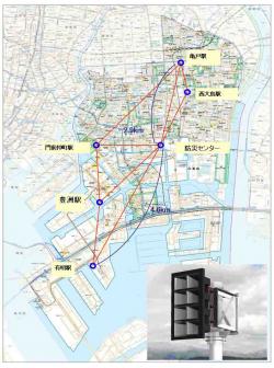 実証実験のエリアと高性能スピーカーイメージ