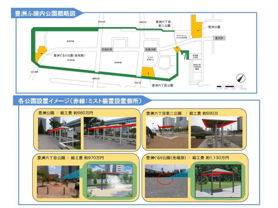 豊洲ふ頭公園概略図とミスト設置イメージ