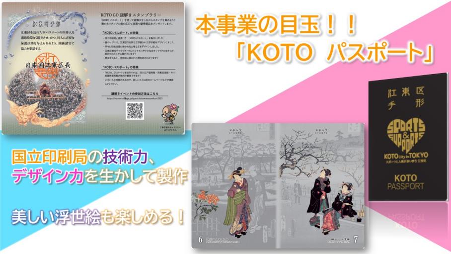 謎解きスタンプラリーで使用するコートーパスポートの表紙、見開きの浮世絵が掲載されているスライド