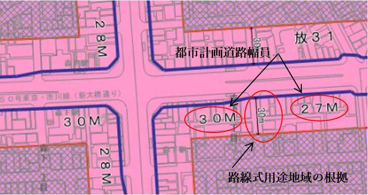 左折レーンを増やすような線形の場合の用途地域図。交差点に近づくと幅員が27メートルから30メートルへ。