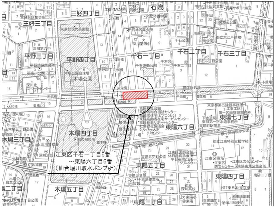 工事箇所の案内図（江東区千石一丁目6番から東陽六丁目6番）