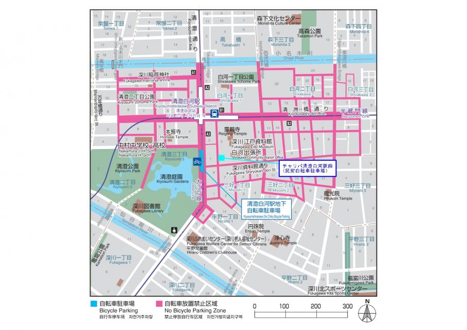 （画像）清澄白河駅周辺の地図。駅周辺の約300メートルは自転車放置禁止区域となっており、対象区域が赤塗りされている。