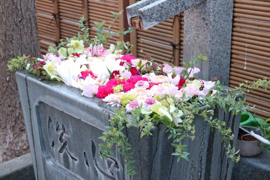 永代寺の花手水。こじんまりした長方形の手水には、白や濃いピンクの花々が浮かんでおり、周囲には緑の葉が添えられている