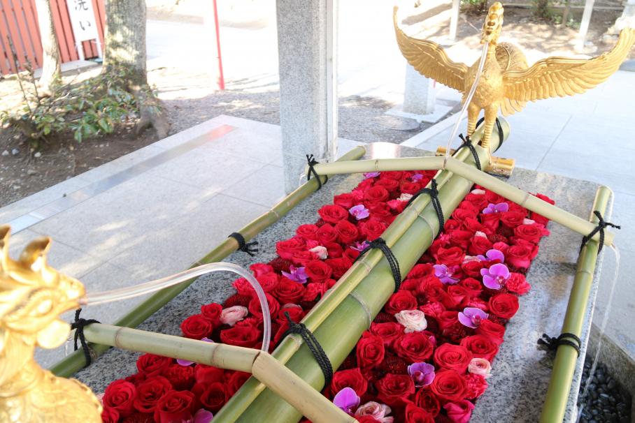 深紅のバラやラナンキュラス、紫の胡蝶蘭などで埋め尽くされた富岡八幡宮の花手水。手水の両端には金の鳳凰が鎮座する。